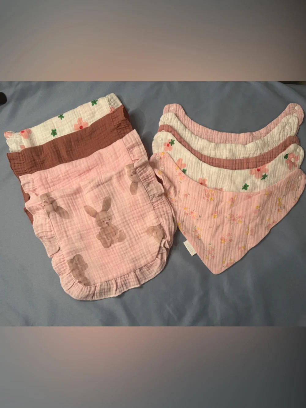 Pink Bunny & Floral Muslin Bandana Bib Set for Kids